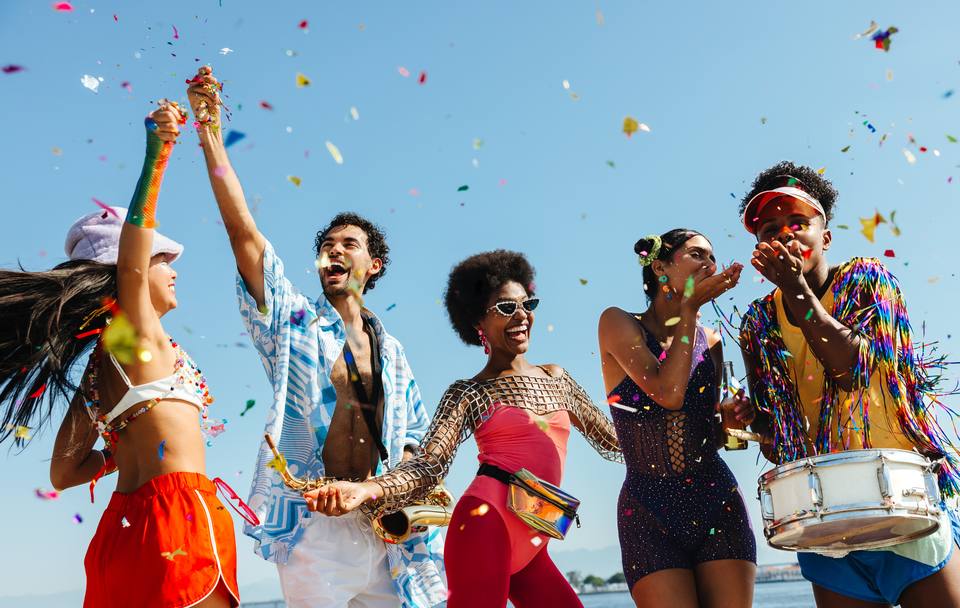 Friends celebrating at a Carnival bloco