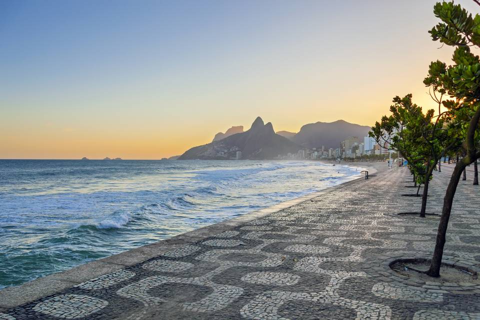 Ipanema at golden hour with Two Brothers mountain